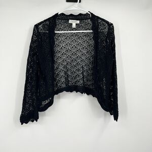 Dressbarn LS Cropped Cardigan Ramie Cotton Black L Open Knit Casual Goth Fairy